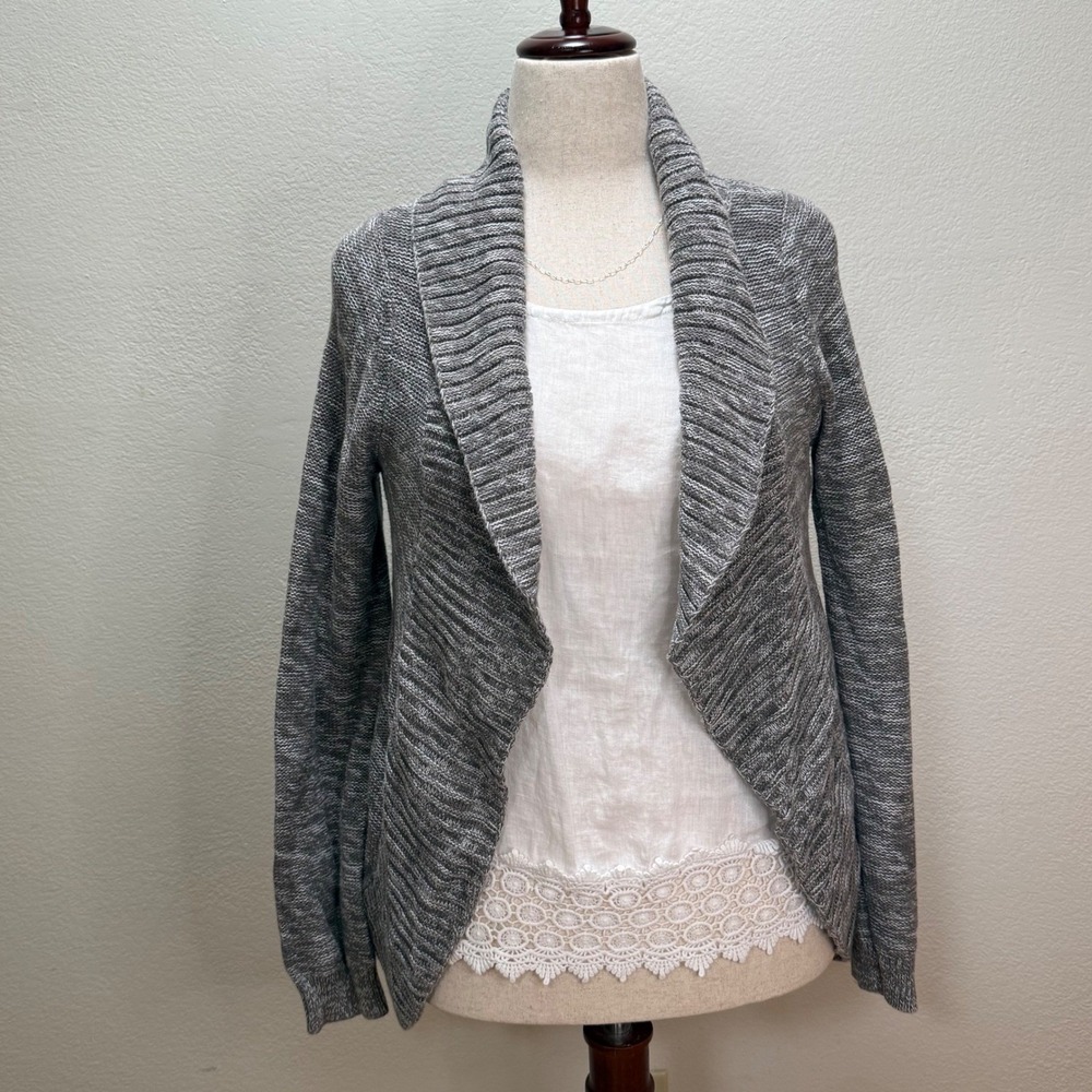 Roxy Boho Surf Open Front Shawl Collar Knit Cardigan Gray Sweater Women M - Picture 2 of 13